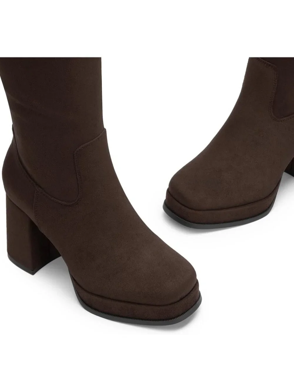 Women Brown Suede Chunky Heel Modern Square Toe Cushioned Insole Knee High Boots